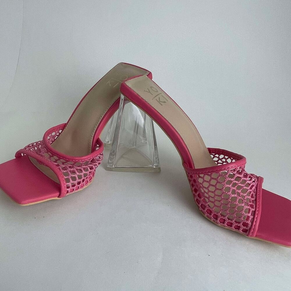 Yoki Draya Clear Block Open Square Toe High‎ Heels Net Face Fuchsia Pink Size 8